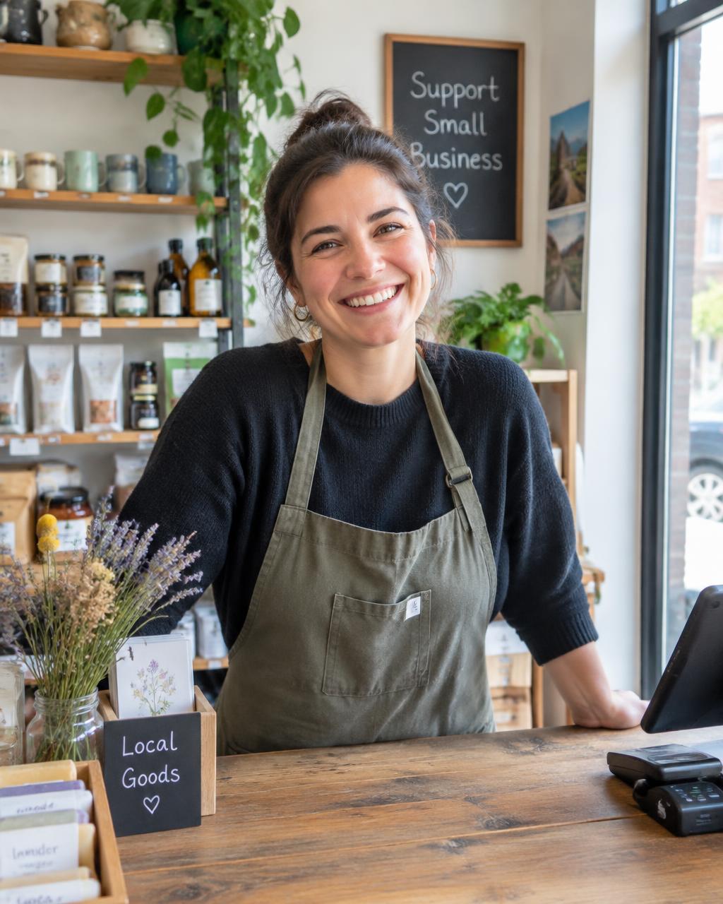 Smiling small shop owner behind her counter